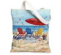 Beach Chairs Canvas Tote Bag for Women, Summer Coastal Umbrella Seagulls Summer Blue Washable Reusable Grocery Bags Ideas for Shopping Trips Office Library Casual 13x15 Inch