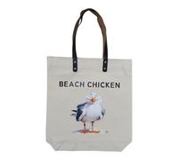 'Beach Chicken' Seagull Canvas Tote Bag with Leather Handles, Funny Seaside Theme Print, Unisex, One Size, for Shopping, Travel, Holiday, Work. Seabirds, Beach, Coast, British Holidays