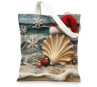 Beach Christmas Nautilus Canvas Tote Bag for Shopping 13x15, Embroidery Coastal Sea Xmas Reusable Grocery Print Pattern Bag for Women, Holiday Beachy Beach Aesthetic Painting Gift Decor