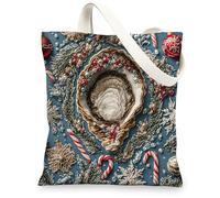 Beach Christmas Oyster Canvas Tote Bag for Shopping 13x15, Beachy Knitting Coastal Xmas Reusable Grocery Print Pattern Bag for Women Men, Holiday Sealife Aesthetic Painting Gift Decor
