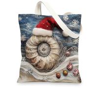 Beach Christmas Scallop Canvas Tote Bag for Shopping 13x15, Beachy Knitting Coastal Xmas Reusable Grocery Print Pattern Bag for Women Men, Holiday Sealife Aesthetic Painting Gift Decor