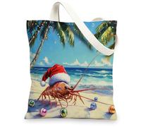 Beach Christmas Shrimp Canvas Tote Bag for Shopping 13x15, Fun Coastal Xmas Palm Trees Reusable Grocery Print Pattern Bag for Women Men, Holiday Beachy Aesthetic Painting Gift Decor