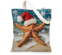 Beach Christmas Starfish Canvas Tote Bag for Shopping 13x15, Embroidery Coastal Sea Xmas Reusable Grocery Print Pattern Bag for Women Men, Holiday Beachy Aesthetic Painting Gift Decor