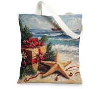 Beach Christmas Starfish Canvas Tote Bag for Shopping 13x15, Fun Coastal Xmas Poinsettia Reusable Grocery Print Pattern Bag for Women Men, Holiday Beachy Aesthetic Painting Gift Decor