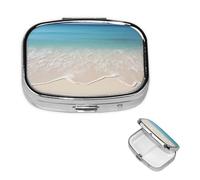 Beach Clear Sea Sand Pill Box with Mirror 2 Compartment Decorative Pill Case for Purse or Pocket Small Square Pill Organizer Weekly Metal Medicine Tablet Vitamin Holder Travel Gift