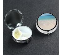 Beach Clear Sea Sand Pill Box with Mirror 3 Compartment Decorative Pill Case for Purse or Pocket Small Round Pill Organizer Weekly Metal Medicine Tablet Vitamin Holder Travel Gift