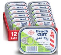 Beach Cliff Wild Caught Sardines in Soybean Oil with Hot Green Chilies, 3.75 oz Can (Pack of 12) - 17g Protein per Serving - Gluten Free, Keto Friendly - Great for Pasta & Seafood Recipes