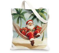 Beach Coastal Christmas Santa Claus Canvas Tote Bag for Shopping 13x15, Xmas Beachy Reusable Grocery Print Bag for Women Men, Holiday New Year Aesthetic Painting Gift Decor