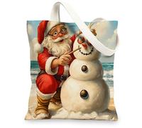 Beach Coastal Christmas Santa Claus Canvas Tote Bag for Shopping 13x15, Xmas Snowman Reusable Grocery Print Bag for Women, Holiday New Year Beach Aesthetic Painting Gift Decor