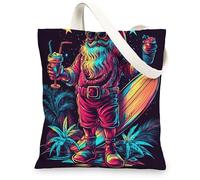 Beach Coastal Christmas Santa Claus Canvas Tote Bag for Shopping 13x15, Xmas Surfboard Reusable Grocery Print Bag for Women, Holiday New Year Beach Aesthetic Painting Gift Decor
