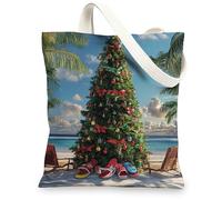 Beach Coastal Christmas Tree Canvas Tote Bag for Shopping 13x15, Beachy Xmas Palm Tree Reusable Grocery Print Bag for Women, Holiday Aesthetic Painting Gift Decoration