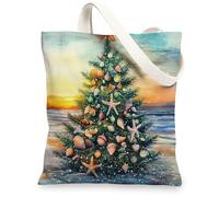 Beach Coastal Christmas Tree Canvas Tote Bag for Shopping 13x15, Beachy Xmas Shells Starfish Reusable Grocery Print Bag for Women, Holiday Beach Aesthetic Painting Gift Decor