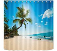 Beach coastal shower curtain, blue waves by the sea, palm tree vacation print beach scene shower curtain waterproof fabric including twelve plastic hooks 60x72"(W*H)