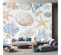 Beach Coastal Wallpaper Mural, Coral Starfish Seashell Wall Mural, Non-woven Print Photo Wallpaper for Bedroom Living Room Decor 100x70 cm - Tn83