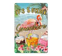 Beach Coconut Flamingo Tin Plaque It's Five O'clock Somewhere Metal Plaque Summer Garden Decor Tin Decor Signs Sea Nature Pictures Print Retro Entryway Bar Garden Cafe Shop Metal Plaque 12x8in