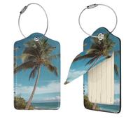 Beach Coconut Tree Luggage Tags for Suitcases, 1 PU Leather Suitcase Tags Identifiers with Stainless Steel Loop, Privacy Cover ID Label with Address Card, Travel Essentials Bag Tag