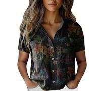 Beach Cover Ups and Kaftans Linen Shirts Women Summer Short Sleeve Button Down T-Shirts with Pockets Elegant Graphic Print Tunic Tops Lightweight Loose Holiday Essentials for Women D Black
