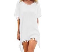 Beach Cover Ups for Women Chiffon Beachwear Tassel Bikini Cover Up V Neck Beach Dress Summer Swimwear Casual Swimsuit Bathing Suit Sarong (White, One Size)