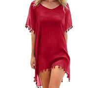 Beach Cover Ups for Women Chiffon Beachwear Tassel Bikini Cover Up V Neck Beach Dress Summer Swimwear Casual Swimsuit Bathing Suit Sarong (Red, One Size)