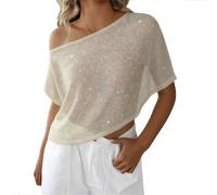 Beach Cover Ups for Women UK Women's Asymmetrical Sparkle Poncho Tops Off The Shoulder Womens Crochet Tops Lightweight Sheer Shawl Sweater See Through Hollow Out Blouse