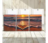 Beach Decor Canvas Wall Art - 3 Panel Sea Wave Sunset Love Painting Canvas Print Home Office Decorations for Living Room Seascape Modern Artwork Ocean Painting Pictures for Bedroom 12''x16''