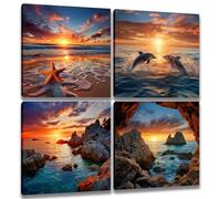 Beach Decor Canvas Wall Art - 4 Panels Framed Sea Ocean Painting Seascape About Double Dolphin Sunrise and Sunset Sandbeach Scenery Seascape Pictures Wall Decoration for Office Home 12x12 inches