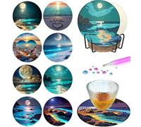 Beach Diamond Art Coasters Kit for Adults - 8 Pcs Diamond Painting Coasters Kit with Holder,Moon Landscape Diamond Art Kits for Adults Coasters Arts and Crafts Kits for Gifts