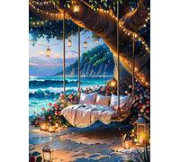 Beach Diamond Art Kits for Adults, 5D Full Drill Diamond Painting Kit, Romantic Coastal Ocean View with Fairy Lights and Lanterns, DIY Crystal Gem Art for Beginners, Home Wall Decor Gift 30 x 40cm