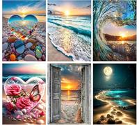 Beach Diamond Art Kits for Adults Ocean Sunset & Moon | 6 Pack Diamond Painting Kits for Adults Beginners, 5D DIY Full Round Drill for Relaxing, Gifts Home Wall Decor(11.8x15.7inch)