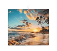 Beach Dish Drying Mat Absorbent Draining Board Pad for Kitchen Counter Sunset Sea Coffee Mat Dishes Drainer Protector with Hanging Loop 16 x 18 Inch
