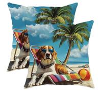Beach Dog Pillow Covers Set of 2, Summer Beagle with Sunglasses Throw Pillow Cases, Tropical Decorative Square Coastal Decor Cushion Covers for Home Sofa Bed Couch 18x18 Inch