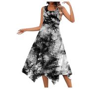 Beach Dress Women's Casual Summer Tie Dye Printed Sleeveless Dress Handkerchief Hem Maxi Tank Top Dress with Pockets Beach Dress Urban Stylish Streetwear Weekend City Shopping Trendy Outfits, O Black
