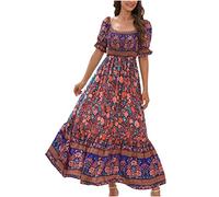 Beach Dresses for Women UK Clearance Summer Maxi Dress Elegant Boho Floral Print Puff Half Sleeve Long Dresses Square Neckline High Waist Bohemian Flowy Party Sundress Ethnic Dressses Ladies Sale