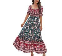 Beach Dresses for Women UK Clearance Summer Maxi Dress Elegant Boho Floral Print Puff Half Sleeve Long Dresses Square Neckline High Waist Bohemian Flowy Party Sundress Ethnic Dressses Ladies
