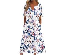 Beach Dresses for Women UK, Holiday Essentials Ladies Summer Dresses Short Sleeve Boho midi Sundress v Neck Hollow Out Eyelet Ruffle Swing a line Flowy Dress