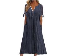 Beach Dresses for Women UK, Holiday Essentials Ladies Summer Dresses Short Sleeve Boho midi Sundress v Neck Hollow Out Eyelet Ruffle Swing a line Flowy Dress Navy
