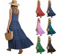 Beach Dresses for Women UK Sleeveless Plus Size Ruffle Long Dress Fashion Plaid Maxi Casual Summer Loose Fit Midi Sundress Lightweight Breathable Holiday Beach Party Elegant Flowy Dresses
