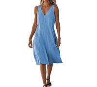 Beach Dresses for Women UK Summer Dresses for Women UK Cotton Linen Dress V Neck Sleeveless Casual Flowy Pleated Dress Solid Plain Oversized Sexy Sky Blue