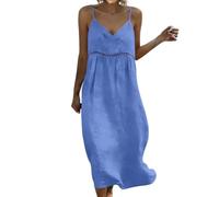 Beach Dresses for Women UK - Women's Cotton Linen Washed Crinkle Cami Maxi Dress, V Neck Spaghetti Strap Sundress with Openwork Waist Detail, Loose Fit Summer Beach Holiday Long Dress