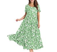 Beach Dresses for Women UK, Womens Plus Size Summer Maxi Dresses Casual Short Sleeve Crew Neck Swing Long Sundress Flowy Tiered Party Dress for Beach Birthday Gifts for Mum,Green,L,u12k