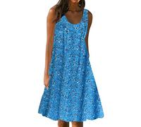 Beach Dresses Knee-Length Large Sizes - Bohemian Summer Dress Women's Midi Floral Dresses Round Neck Sleeveless Vest Dress 1950s Vintage Casual Loose Smocked for Holiday Beach, blue, 4XL