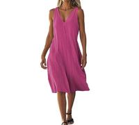 Beach Dresses Summer Dresses for Women UK Cotton Linen Dress V Neck Sleeveless Casual Flowy Pleated Dress Solid Plain Oversized Wedding Guest for Women UK Hot Pink
