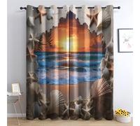 Beach Escape Blackout Curtains for Living Room, Shell 3D Ocean View Sunset Coastal Curtains for Bedroom, Thermal Insulated Noise Reduction Eyelet Window Treatments 62 Drop, 2 Panels Drapes (W52 x L62)