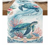 Beach Escape Table Runner, Tropical Sea Turtle Coral Ocean Decor for Summer Dining and Beach Party Supplies 13x90 Inch
