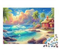 Beach Flower Jar Jigsaw Puzzles for Adults 1000 Piece Beach Hut View Puzzle Educational Games Home Decoration Puzzle Puzzle The Whole for Women, Gifts for Men 52x38cm/1000pcs
