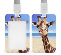 Beach Giraffe ID Badge Holder with Lanyard, Breakaway Lanyard Vertical ID Card Protector Case Multi-Use Badge Holder for Office, Teacher, Nurse