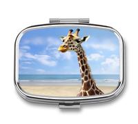 Beach Giraffe Pill Box 2 Compartments Portable Travel Pill Case Mini Medicine Organizer for Pocket Purse Metal Waterproof Medicine Container Holder Vitamin Fish Oil