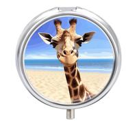 Beach Giraffe Round Pill Boxes with 3 Compartments, Portable Travel Pill Organizer Box, Mini Metal Pill Holder and Vitamin Containers for Fish Oil and