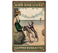 Beach Girl Tin Sign with Dog Vintage Metal Tin Signs She Lived Happily Ever After Funny Wall Art Painting Metal Decor for Beach Park Beach House Bar Girls Room Fence 8"x12"