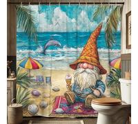 Beach Gnome Shower Curtain, Colorful Coastal Ocean Scene with Dolphin, Summer Tropical Bathroom Decor, Fanciful Art Print Waterproof Fabric Shower Curtain Set with Hooks 72x72 Inch
